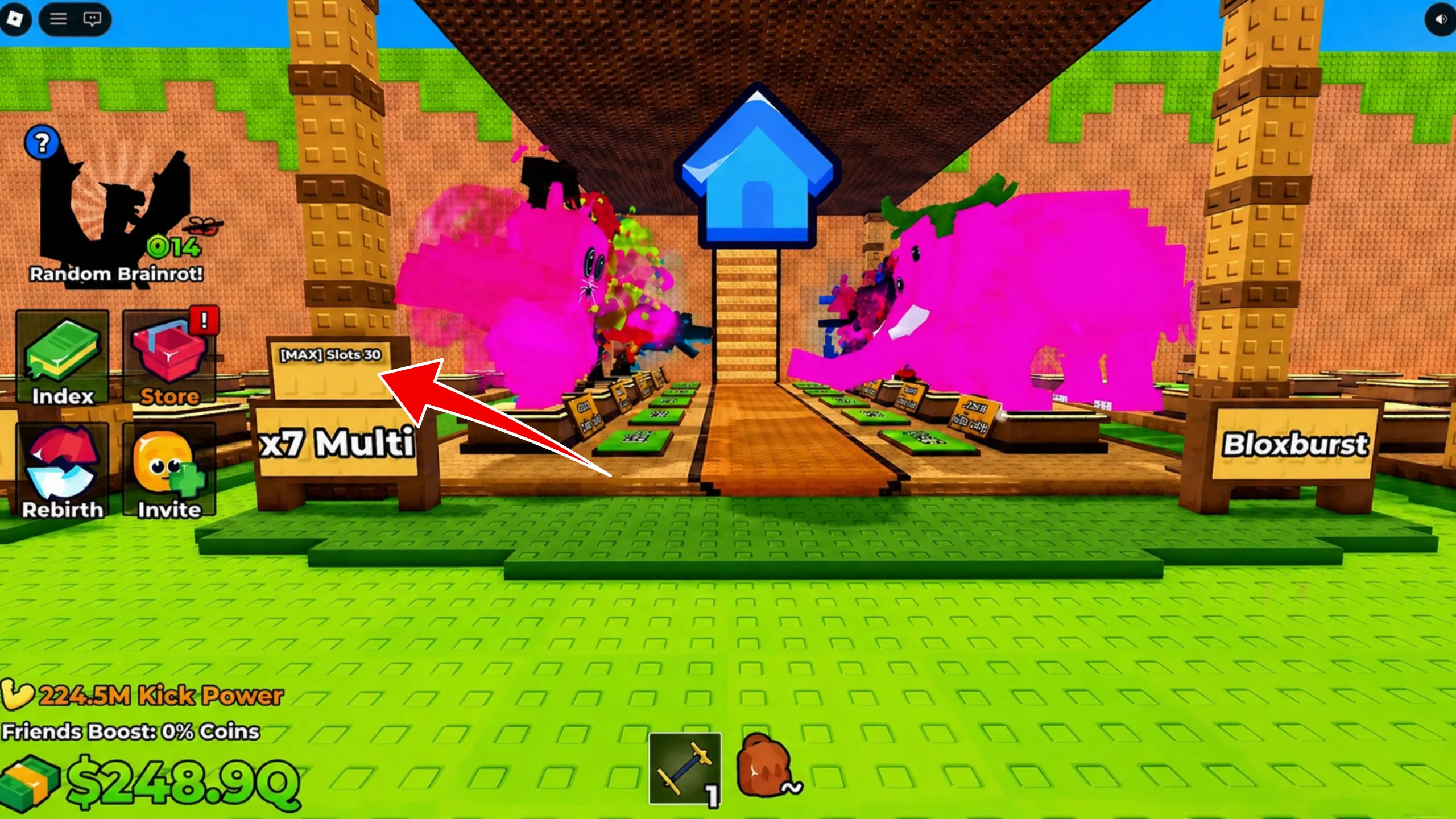 Brainrot slots across three floors with upgrade button highlighted