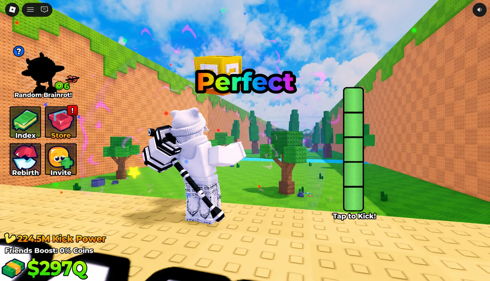 Kick charge bar and wave chase mechanic in Kick A Lucky Block