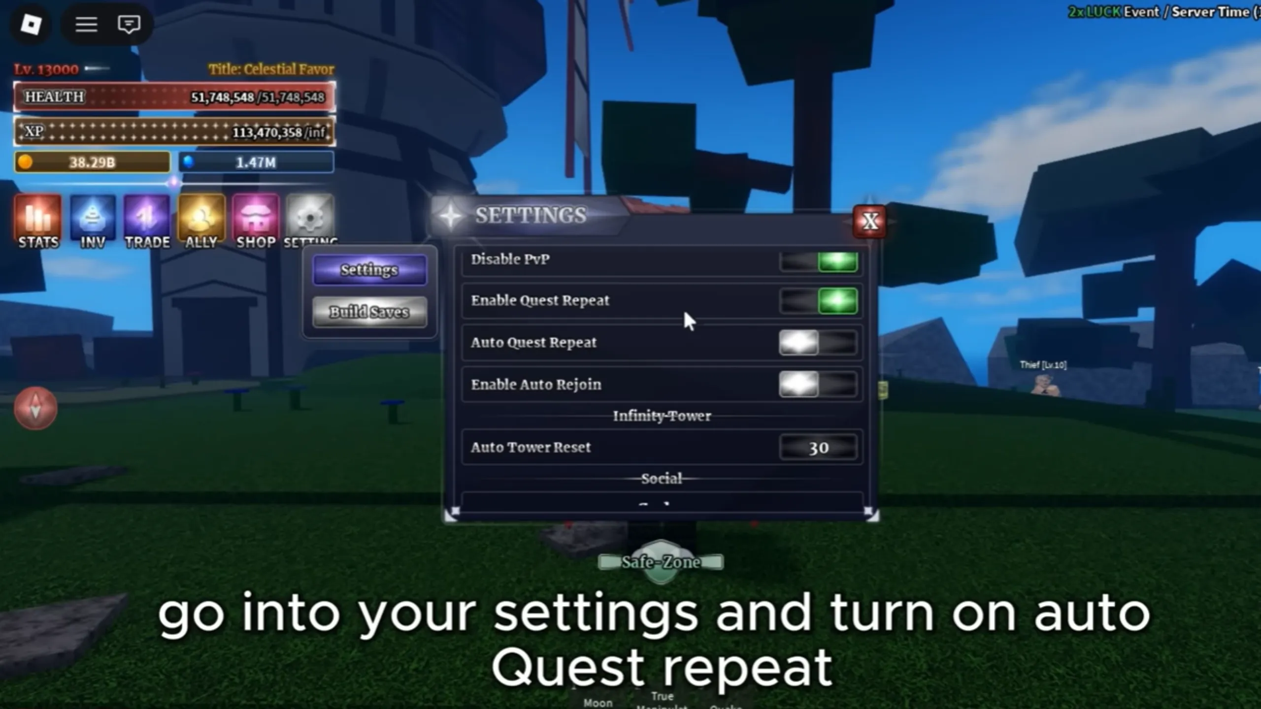 Sailor Piece settings menu showing Auto Quest toggle
