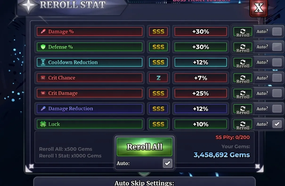 Stat roll interface and merchant shop