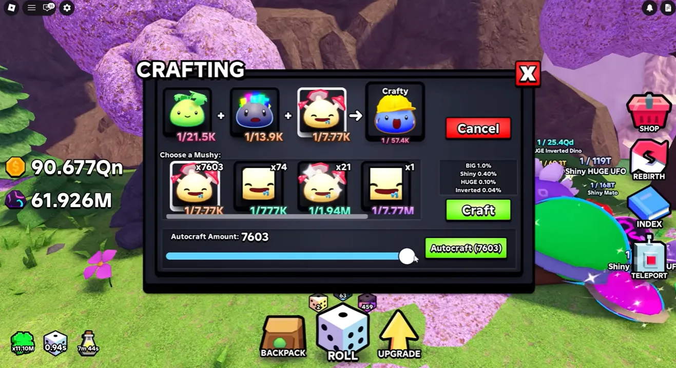 Slime RNG auto-craft interface running alongside Index multiplier progression
