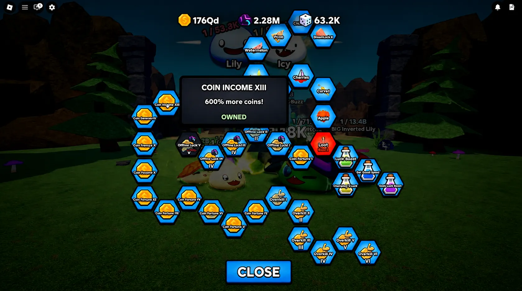 Slime RNG Loot tab showing coin percentage upgrade path from 25% to 600%