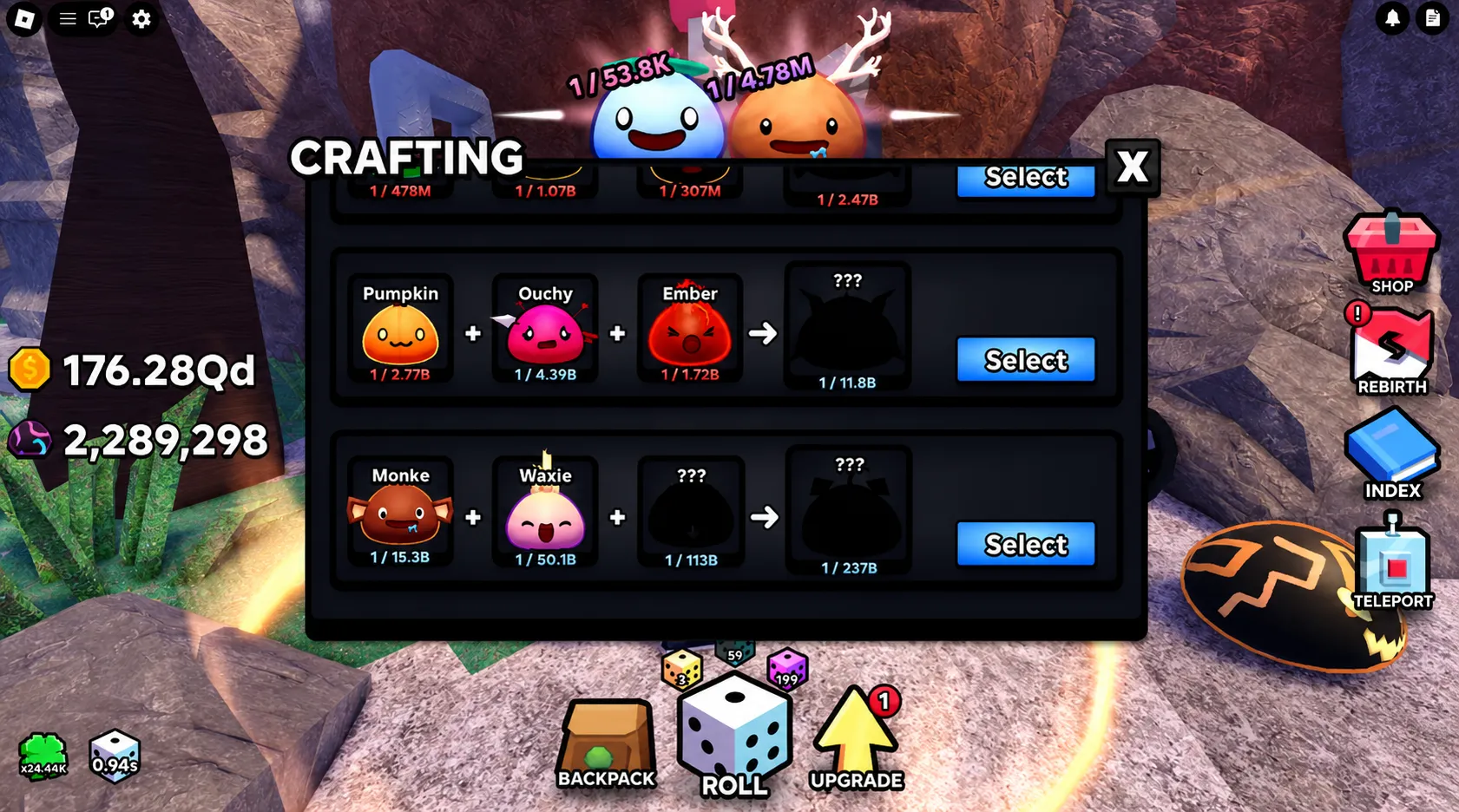 Slime RNG Cherry Grove Crafting Station interface showing recipes and ingredient requirements
