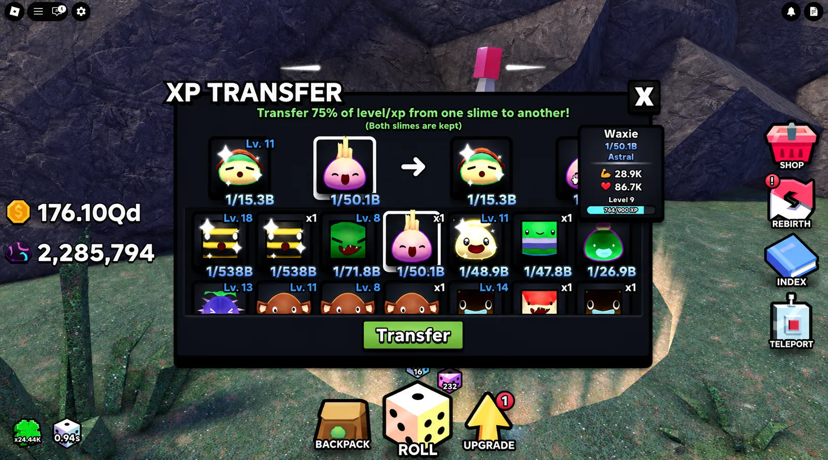 Slime RNG damage comparison showing weak vs strong slime kill speeds