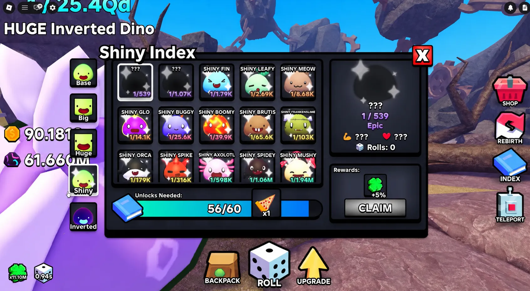 Slime RNG premium dice inventory showing Jackpot Spins, Big, Shiny, and Huge Dice