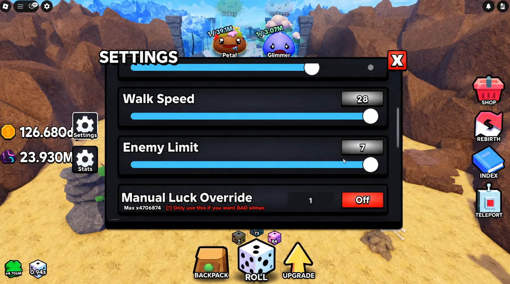 Slime RNG settings menu with Enemy Limit slider at maximum