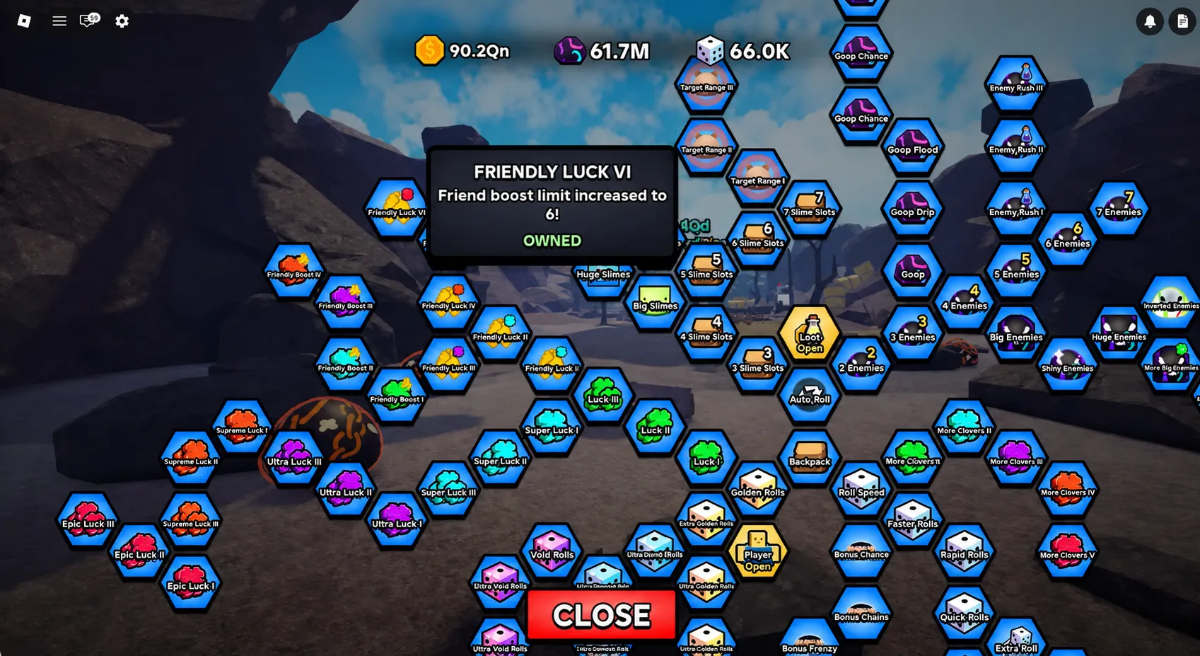 Slime RNG Friendly Luck upgrade interface with 6-player server bonus active