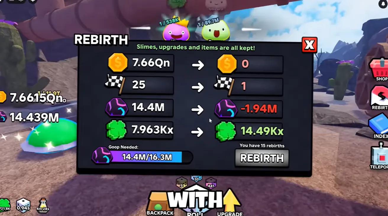 Slime RNG goop counter and rebirth button interface showing cost and current balance