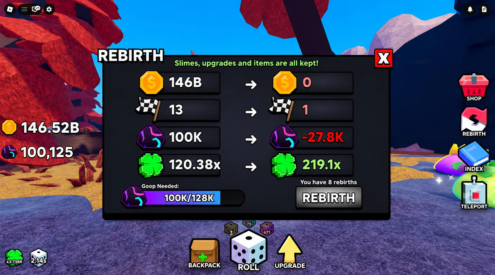 Slime RNG goop upgrade skill tree and rebirth interface