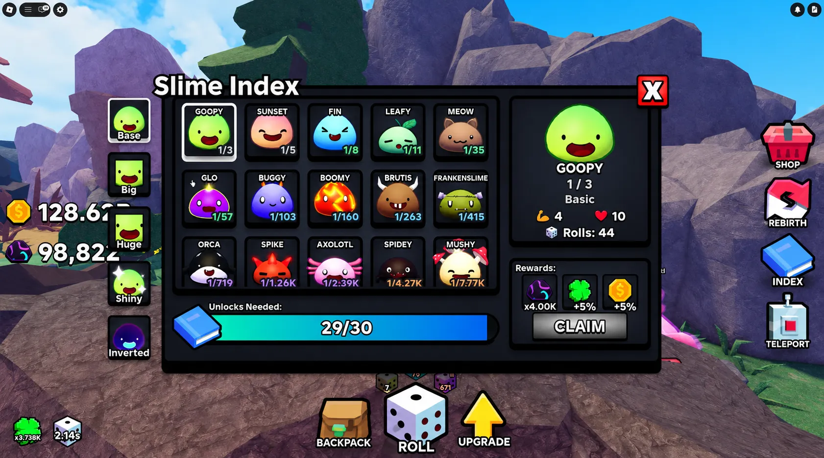 Slime RNG Index interface showing Base, Big, Huge, Shiny, and Inverted slime categories with completion progress