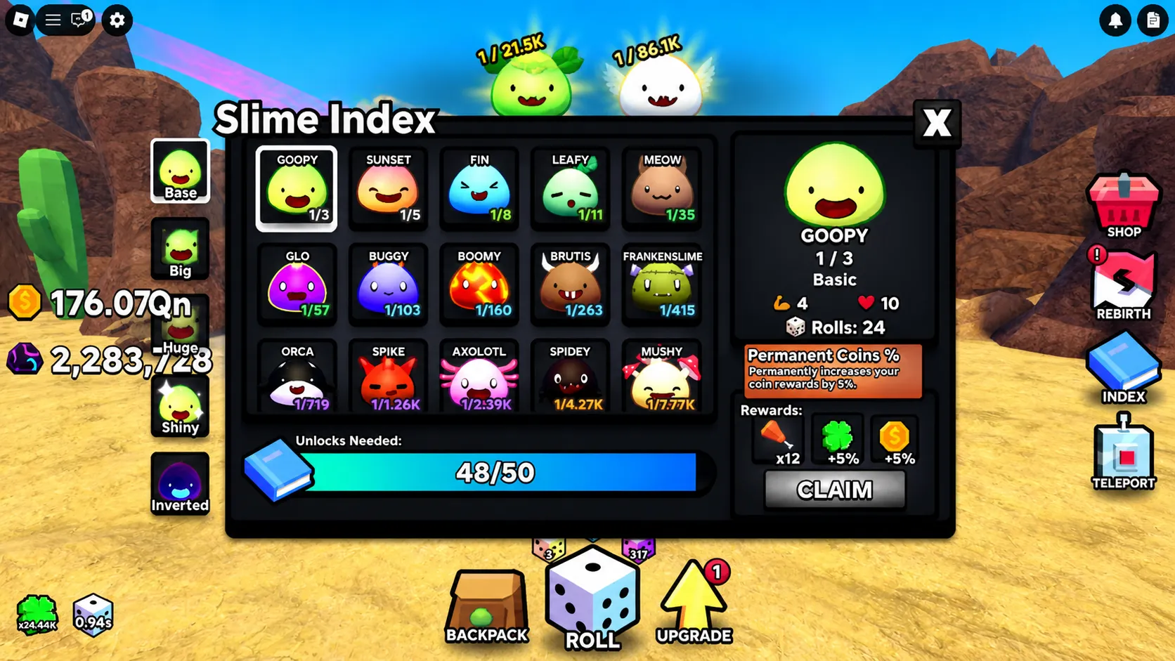Slime RNG Index interface showing claimable rewards with permanent coin and luck boosts