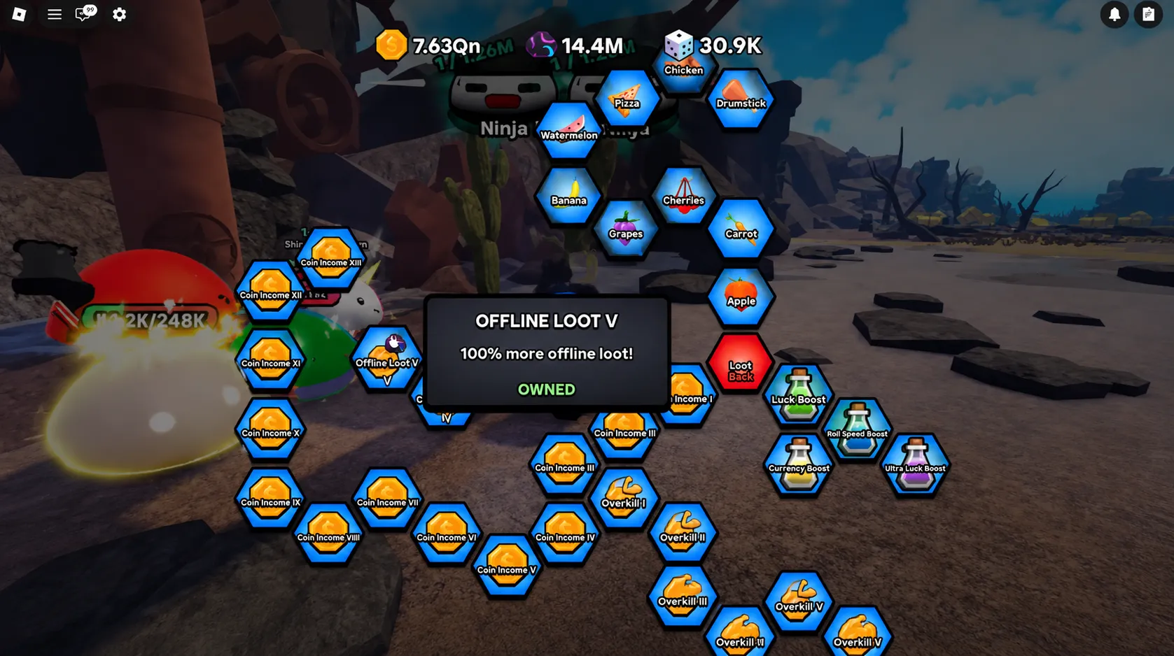Slime RNG offline loot popup showing goop and item rewards based on zone depth