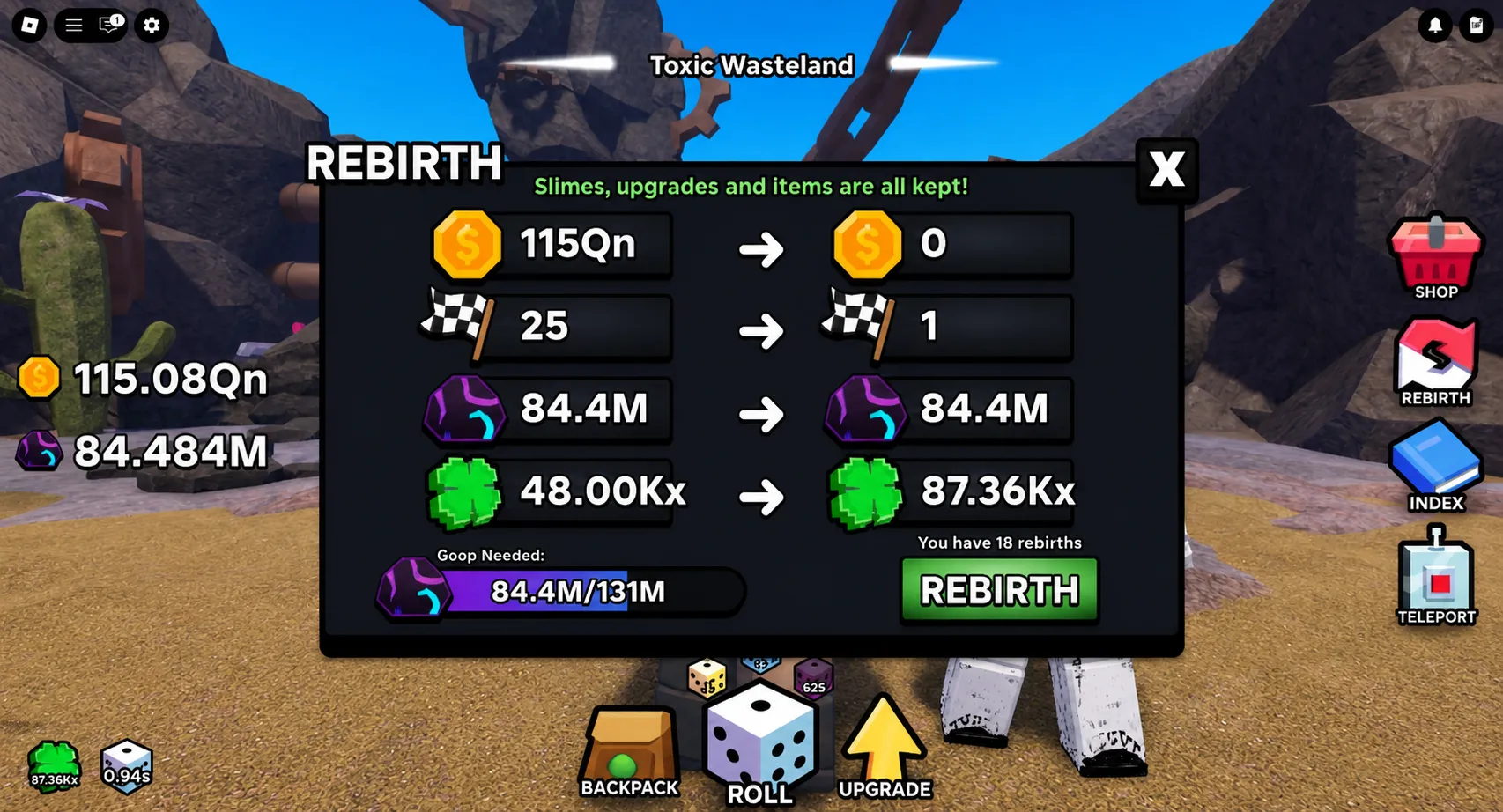 Slime RNG rebirth menu showing luck multiplier and Goop requirements