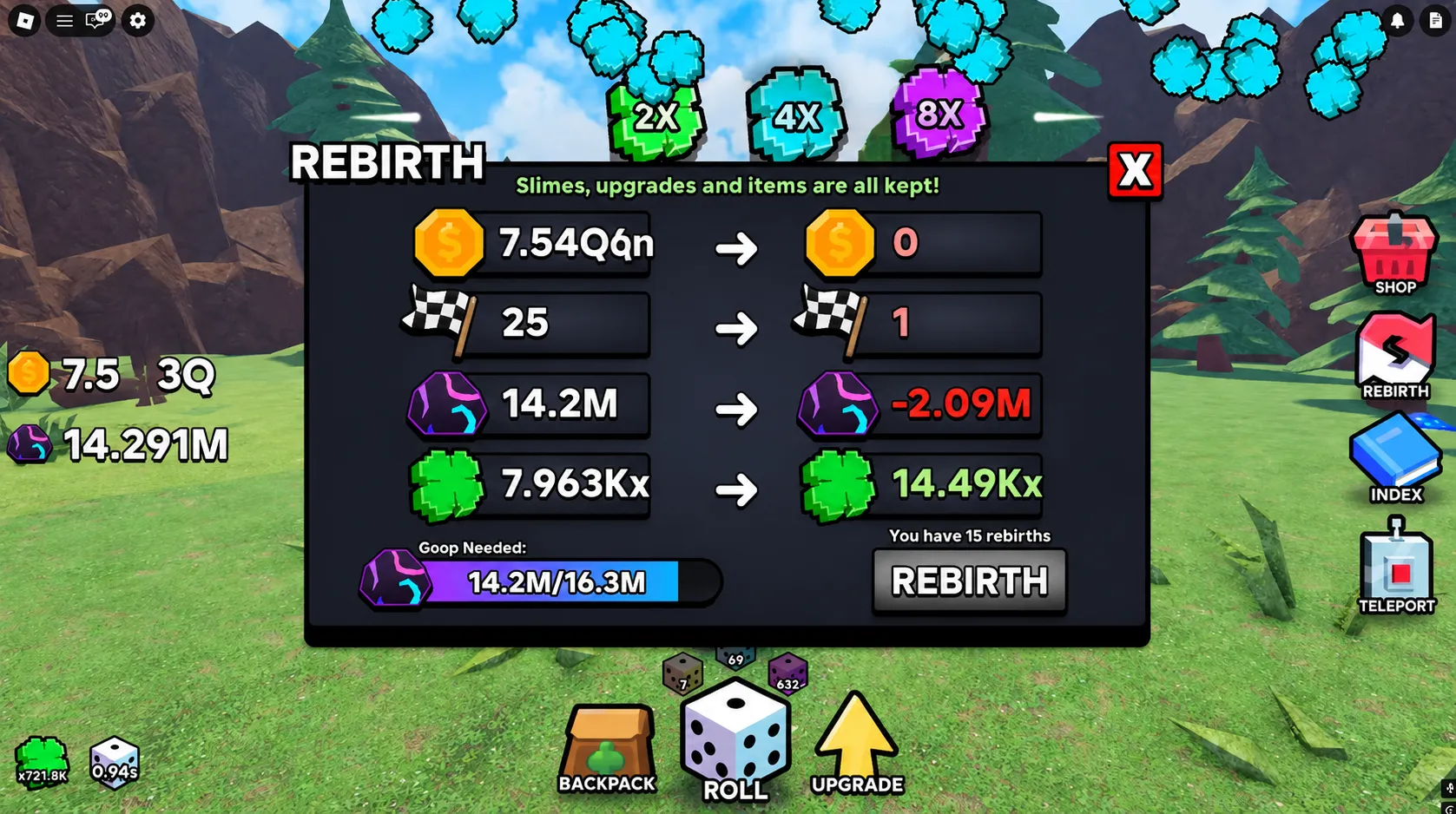 Slime RNG rebirth interface showing luck multiplier doubling and goop cost display