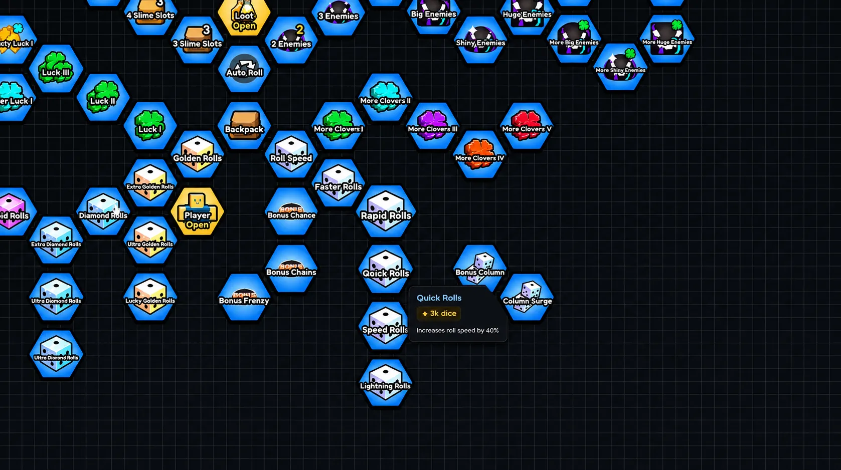 Slime RNG roll speed upgrades and dice tier progression interface