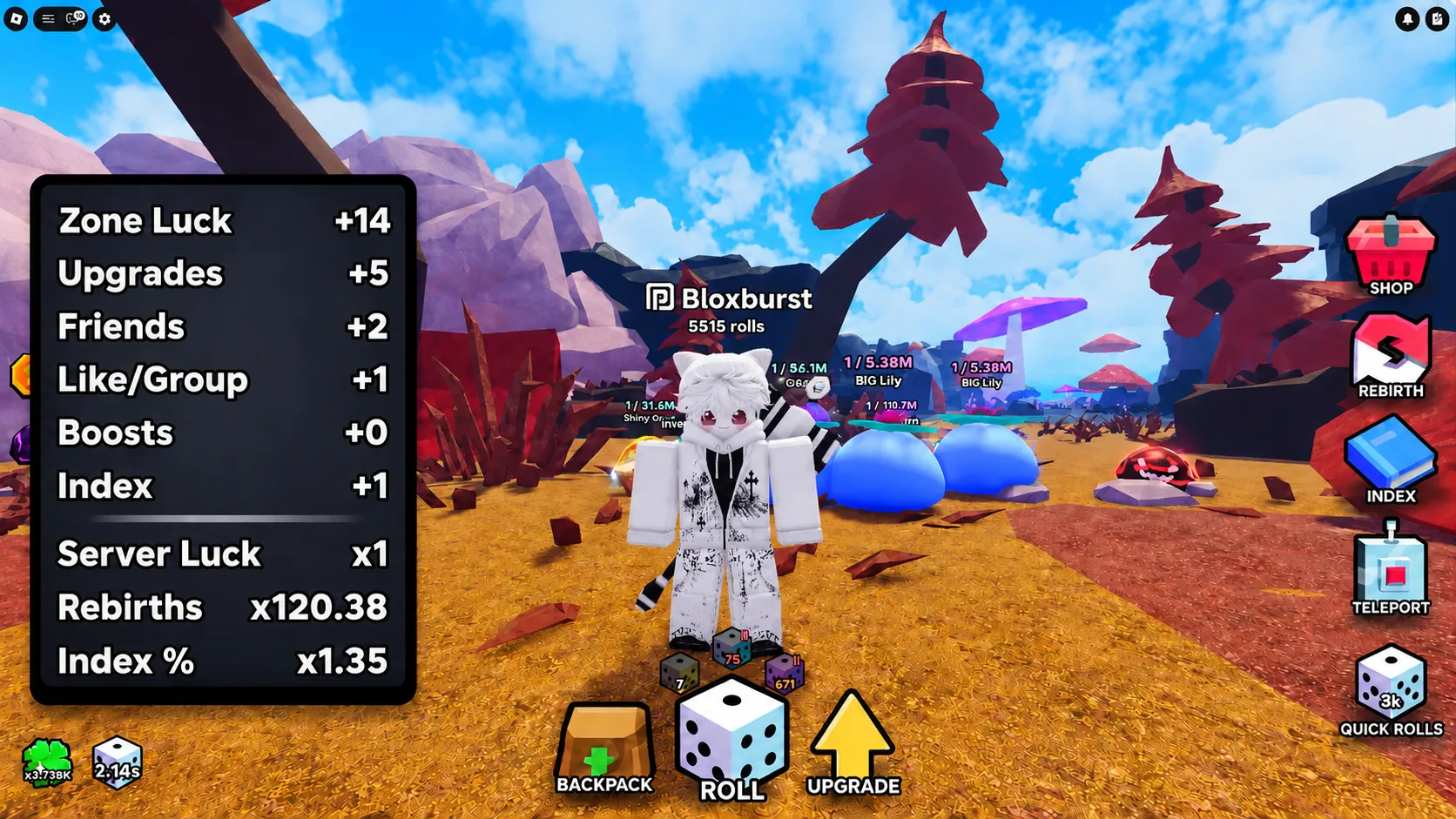 Slime RNG server showing active 2x luck boost indicator in the UI