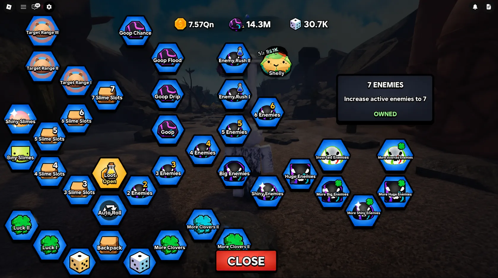 Slime RNG skill tree highlighting goop drop chance and enemy spawn limit upgrades
