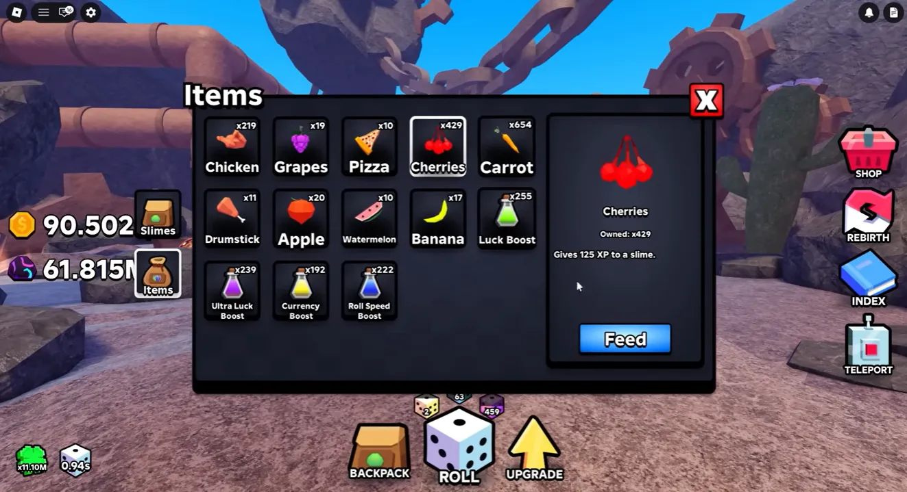 Slime RNG feeding interface showing damage increase from level 10 to 100