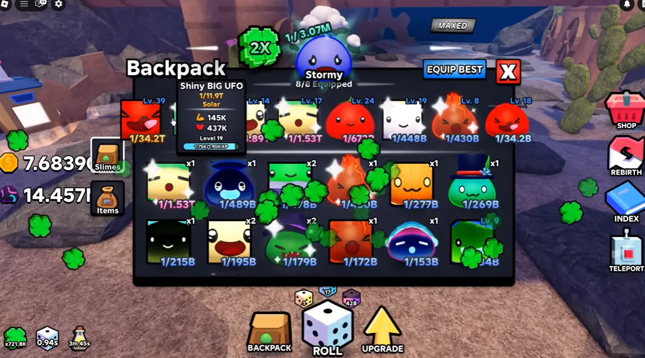 Slime RNG slime stats interface showing damage output and level progression